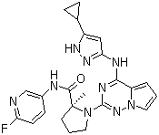 structure of CAS# 1001350-96-4, BMS 754807;(2S)-1-[4-[(5-Cyclopropyl-1H-pyrazol-3-yl)amino]pyrrolo[2,1-f][1,2,4]triazin-2-yl]-N-(6-fluoro-3-pyridinyl)-2-methyl-2-pyrrolidinecarboxamide