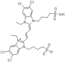 5,6-二氯-2-[3-[5,6-二氯-1-乙基-3-(4-磺基丁基)-2-苯并咪唑啉亚基]丙烯基]-3-乙基-1-(4-磺基丁基)苯并咪唑鎓氢氧化物内盐分子结构 (CAS 10049-96-4)