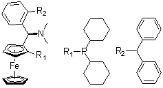 (1S)-1-(二环己基膦基)-2-[(R)-(二甲基氨基)[2-(二苯基膦基)苯基]甲基]二茂铁分子结构 (CAS 1016985-24-2)