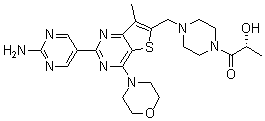 (R)-1-[4-[[2-(2-Aminopyrimidin-5-yl)-7-methyl-4-(morpholin-4-yl)thieno[3,2-d]pyrimidin-6-yl]methyl]piperazin-1-yl]-2-hydroxypropan-1-one molecular structure (CAS 1032757-09-7)