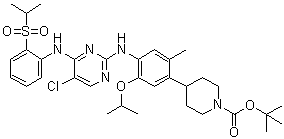 结构式 CAS# 1032903-64-2, 4-[4-[[5-氯-4-[[2-[(丙烷-2-基)磺酰基]苯基]氨基]嘧啶-2-基]氨基]-5-异丙氧基-2-甲基苯基]哌啶-1-羧酸叔丁酯