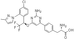 structure of CAS# 1033805-28-5, Telotristat;(2S)-2-Amino-3-[4-[2-amino-6-[[(1R)-1-[4-chloro-2-(3-methylpyrazol-1-yl)phenyl]-2,2,2-trifluoroethyl]oxy]pyrimidin-4-yl]phenyl]propionic acid; LP 778902