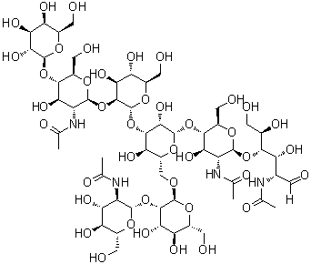 O-2-(Acetylamino)-2-deoxy-beta-D-glucopyranosyl-(1→2)-O-alpha-D-mannopyranosyl-(1→6)-O-[O-beta-D-galactopyranosyl-(1→4)-O-2-(acetylamino)-2-deoxy-beta-D-glucopyranosyl-(1→2)-alpha-D-mannopyranosyl-(1→3)]-O-beta-D-mannopyranosyl-(1→4)-O-2-(acetylamino)-2-deoxy-beta-D-glucopyranosyl-(1→4)-2-(acetylamino)-2-deoxy-D-glucose molecular structure (CAS 103584-68-5)