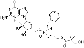 2'-C-Methylguanosine 5'-[2-[(3-hydroxy-2,2-dimethyl-1-oxopropyl)thio]ethyl N-(phenylmethyl)phosphoramidate] molecular structure (CAS 1036915-08-8)