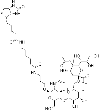 (3aS,4S,6aR)-N-[6-[[3-[[O-(N-乙酰基-alpha-神经胺酸基)-(2→6)-O-beta-D-吡喃半乳糖基-(1→4)-2-(乙酰氨基)-2-脱氧-beta-D-吡喃葡萄糖基]氧基]丙基]氨基]-6-氧代己基]六氢-2-氧代-1H-噻吩并[3,4-d]咪唑-4-戊酰胺分子结构 (CAS 1038746-08-5)