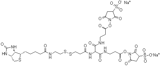 6-[2-Biotinylamidoethyl]-dithiopropionamido]-4,8-diaza-5,7-diketoundecanoic acid bis-N-sulfosuccinimidyl ester disodium salt molecular structure (CAS 1044220-56-5)