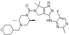 structure of CAS# 1046787-18-1, [(2S,5R)-2,5-Dimethyl-4-[(tetrahydro-2H-pyran-4-yl)methyl]-1-piperazinyl][3-[(5-fluoro-2-methyl-4-pyrimidinyl)amino]-4,6-dihydro-6,6-dimethylpyrrolo[3,4-c]pyrazol-5(1H)-yl]methanone