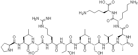 L-脯氨酰-L-亮氨酰-L-丝氨酰-L-精氨酰-L-苏氨酰-L-亮氨酰-L-丝氨酰-L-缬氨酰-L-丙氨酰-L-丙氨酰-L-赖氨酰-L-赖氨酸分子结构 (CAS 105802-84-4)