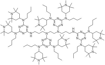 structure of CAS# 106990-43-6, Chimassorb 119;Chimassorb 944; 1,5,8,12-Tetrakis[4,6-bis(N-butyl-N-1,2,2,6,6-pentamethyl-4-piperidylamino)-1,3,5-triazin-2-yl]-1,5,8,12-tetraazadodecane; N,N'''-1,2-Ethanediylbis(N-(3-((4,6-bis(butyl(1,2,2,6,6-pentamethyl-4-piperidinyl)amino)-1,3,5-triazin-2-yl)amino)propyl)-N',N''-dibutyl-N',N''-bis(1,2,2,6,6-pentamethyl-4-piperidinyl)-1,3,5-triazine-2,4,6-triamine