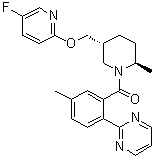 structure of CAS# 1088991-73-4, Filorexant;[(2R,5R)-5-[[(5-Fluoro-2-pyridinyl)oxy]methyl]-2-methyl-1-piperidinyl][5-methyl-2-(2-pyrimidinyl)phenyl]methanone; MK 6096