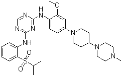 structure of CAS# 1097917-15-1, ASP 3026;N2-[2-Methoxy-4-[4-(4-methyl-1-piperazinyl)-1-piperidinyl]phenyl]-N4-[2-[(1-methylethyl)sulfonyl]phenyl]-1,3,5-triazine-2,4-diamine