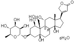 structure of CAS# 11018-89-6, Ouabain octahydrate;(1beta,3beta,5beta,11alpha)-3-[(6-Deoxy-alpha-L-mannopyranosyl)oxy]-1,5,11,14,19-pentahydroxy-card-20(22)-enolide octahydrate
