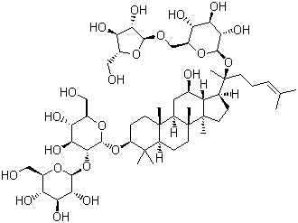 structure of CAS# 11021-14-0, Ginsenoside Rc;20-[(6-O-alpha-L-Arabinofuranosyl-beta-D-glucopyranosyl)oxy]-12b-hydroxydammar-24-en-3b-yl 2-O-beta-D-glucopyranosyl-beta-D-glucopyranoside