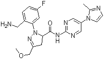 1-[2-(Aminomethyl)-5-fluorophenyl]-4,5-dihydro-3-(methoxymethyl)-N-[5-(2-methyl-1H-imidazol-1-yl)-2-pyrimidinyl]-1H-pyrazole-5-carboxamide molecular structure (CAS 1103130-88-6)