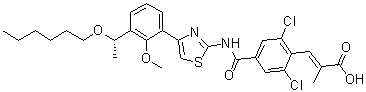 structure of CAS# 1110766-97-6, Lusutrombopag;(2E)-3-[2,6-Dichloro-4-[[[4-[3-[(1S)-1-(hexyloxy)ethyl]-2-methoxyphenyl]-2-thiazolyl]amino]carbonyl]phenyl]-2-methyl-2-propenoic acid; S 888711