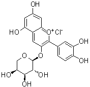 structure of CAS# 111613-04-8, Cyanidin 3-O-alpha-L-arabinopyranoside;Cyanidin 3-alpha-L-arabinopyranoside; 3-(alpha-L-Arabinopyranosyloxy)-2-(3,4-dihydroxyphenyl)-5,7-dihydroxy-1-benzopyrylium chloride