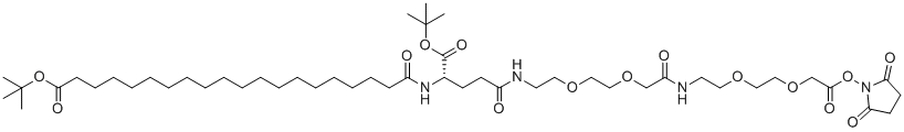 structure of CAS# 1118767-17-1, C20-OTBU-GLU(OTBU)-AEEA-AEEA-OSU;19-((S)-1-tert-Butoxycarbonyl-3-{2-[2-({2-[2-(2,5-dioxopyrrolidin-1-yloxycarbonylmethoxy)ethoxy]ethylcarbamoyl}methoxy)ethoxy]ethylcarbamoyl}propylcarbamoyl)nonadecanoic acid tert-butyl ester; tert-butyl 20-[[(2S)-5-[2-[2-[2-[2-[2-[2-(2,5-dioxopyrrolidin-1-yl)oxy-2-oxoethoxy]ethoxy]ethylamino]-2-oxoethoxy]ethoxy]ethylamino]-1-[(2-methylpropan-2-yl)oxy]-1,5-dioxopentan-2-yl]amino]-20-oxoicosanoate