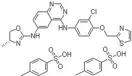 structure of CAS# 1146629-86-8, Varlitinib tosylate;AR 00334543; ARRY 543; N4-[3-Chloro-4-(2-thiazolylmethoxy)phenyl]-N6-[(4R)-4,5-dihydro-4-methyl-2-oxazolyl]-4,6-quinazolinediamine 4-methylbenzenesulfonate