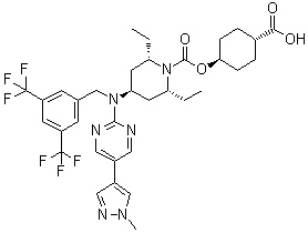 (2R,6S)-rel-4-[[[3,5-Bis(trifluoromethyl)phenyl]methyl][5-(1-methyl-1H-pyrazol-4-yl)-2-pyrimidinyl]amino]-2,6-diethyl-1-piperidinecarboxylic acid trans-4-carboxycyclohexyl ester molecular structure (CAS 1149362-88-8)