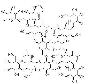 O-6-Deoxy-alpha-L-galactopyranosyl-(1→6)-O-[O-beta-D-galactopyranosyl-(1→3)-O-2-(acetylamino)-2-deoxy-beta-D-glucopyranosyl-(1→4)-O-[O-beta-D-galactopyranosyl-(1→4)-2-(acetylamino)-2-deoxy-beta-D-glucopyranosyl-(1→2)]-O-alpha-D-mannopyranosyl-(1→3)-O-[O-beta-D-galactopyranosyl-(1→4)-O-2-(acetylamino)-2-deoxy-beta-D-glucopyranosyl-(1→2)-alpha-D-mannopyranosyl-(1→6)]-O-beta-D-mannopyranosyl-(1→4)-2-(acetylamino)-2-deoxy-beta-D-glucopyranosyl-(1→4)]-2-(acetylamino)-2-deoxy-D-glucose molecular structure (CAS 115142-60-4)