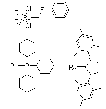 [1,3-Bis(2,4,6-trimethylphenyl)-2-imidazolidinylidene]dichloro[(phenylthio)methylene](tricyclohexylphosphine)ruthenium molecular structure (CAS 1155422-69-7)
