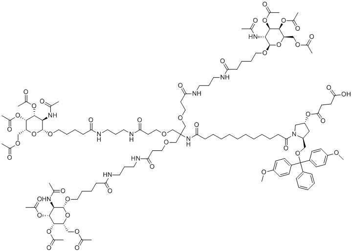 structure of CAS# 1159408-61-3, GalNac-L96;4-(((3R,5S)-1-(1-(((2R,3R,4R,5R,6R)-3-Acetamido-4,5-diacetoxy-6-(acetoxymethyl)tetrahydro-2H-pyran-2-yl)oxy)-16,16-bis((3-((3-(5-(((2R,3R,4R,5R,6R)-3-acetamido-4,5-diacetoxy-6-(acetoxymethyl)tetrahydro-2H-pyran-2-yl)oxy)pentanamido)propyl)amino)-3-oxopropoxy)methyl)-5,11,18-trioxo-14-oxa-6,10,17-triazanonacosan-29-oyl)-5-((bis(4-methoxyphenyl)(phenyl)methoxy)methyl)pyrrolidin-3-yl)oxy)-4-oxobutanoic acid