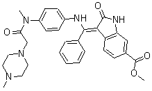 structure of CAS# 1160294-26-7, Vargatef;2,3-Dihydro-3-[[[4-[methyl[2-(4-methyl-1-piperazinyl)acetyl]amino]phenyl]amino]phenylmethylene]-2-oxo-1H-indole-6-carboxylic acid methyl ester