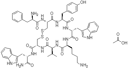 D-Phenylalanyl-L-cysteinyl-L-tyrosyl-D-tryptophyl-L-lysyl-L-valyl-L-cysteinyl-L-tryptophanamide cyclic (2→7)-disulfide monoacetate (salt) molecular structure (CAS 116430-60-5)