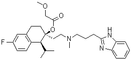 structure of CAS# 116644-53-2, Mibefradil;(1S,2S)-2-[2-[[3-(2-Benzimidazolyl)propyl]methylamino]ethyl]-6-fluoro-1,2,3,4-tetrahydro-1-isopropyl-2-naphthyl methoxyacetate
