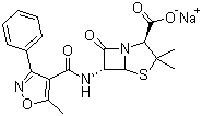 结构式 CAS# 1173-88-2, 苯唑西林钠; 苯唑青霉素钠; (2S,5R,6R)-3,3-二甲基-6-[(5-甲基-3-苯基-1,2-恶唑-4-甲酰)氨基]-7-氧代-4-硫杂-1-氮杂双环[3.2.0]庚烷-2-羧酸钠盐