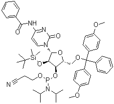 结构式 CAS# 118380-84-0, N4-苯甲酰基-5'-O-(4,4'-二甲氧基三苯甲基)-2'-O-叔丁基二甲基硅烷基)胞苷 3'-O-[O-(2-氰基乙基)-N,N'-二异丙基氨基亚磷酸酯]