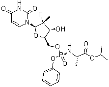 structure of CAS# 1190308-01-0, PSI 7976;N-[[P(R),2'R]-2'-Deoxy-2'-fluoro-2'-methyl-P-phenyl-5'-uridylyl]-L-alanine 1-methylethyl ester