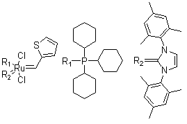 结构式 CAS# 1190427-49-6, [1,3-二氢-1,3-双(2,4,6-三甲基苯基)-2H-咪唑-2-亚基](2-噻吩基亚甲基)(三环己基膦)二氯化钌