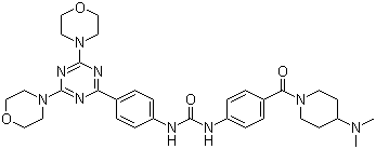 structure of CAS# 1197160-78-3, N-[4-[[4-(Dimethylamino)-1-piperidinyl]carbonyl]phenyl]-N'-[4-[4,6-di(4-morpholinyl)-1,3,5-triazin-2-yl]phenyl]urea;PKI-587
