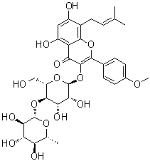 structure of CAS# 119730-89-1, Baohuoside VII;3-[(6-Deoxy-4-O-beta-D-glucopyranosyl-alpha-L-mannopyranosyl)oxy]-5,7-dihydroxy-2-(4-methoxyphenyl)-8-(3-methyl-2-buten-1-yl)-4H-1-benzopyran-4-one