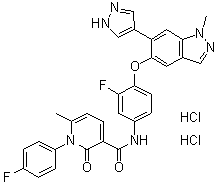 N-[3-Fluoro-4-[[1-methyl-6-(1H-pyrazol-4-yl)-1H-indazol-5-yl]oxy]phenyl]-1-(4-fluorophenyl)-1,2-dihydro-6-methyl-2-oxo-3-pyridinecarboxamide hydrochloride (1:2) molecular structure (CAS 1206801-37-7)
