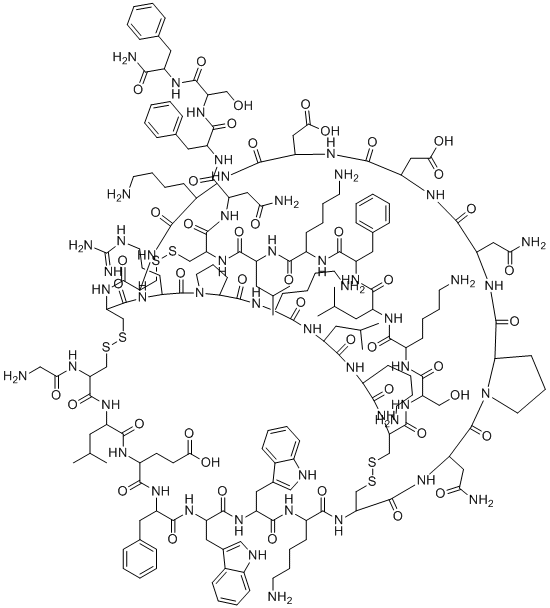 structure of CAS# 1209500-46-8, H-Gly-DL-Cys(1)-DL-Leu-DL-Glu-DL-Phe-DL-Trp-DL-Trp-DL-Lys-DL-Cys(2)-DL-Asn-DL-Pro-DL-Asn-DL-Asp-DL-Asp-DL-Lys-DL-Cys(3)-DL-Cys(1)-DL-Arg-DL-Pro-DL-Lys-DL-Leu-DL-Lys-DL-Cys(2)-DL-Ser-DL-Lys-DL-Leu-DL-Phe-DL-Lys-DL-Leu-DL-Cys(3)-DL-Asn-DL-Phe-DL-Ser-DL-Phe-NH2;GsMTx-4;3-[77-[(2-aminoacetyl)amino]-30-[[4-amino-1-[[1-[[1-[(1-amino-1-oxo-3-phenylpropan-2-yl)amino]-3-hydroxy-1-oxopropan-2-yl]amino]-1-oxo-3-phenylpropan-2-yl]amino]-1,4-dioxobutan-2-yl]carbamoyl]-22,36,45,54,60,95-hexakis(4-aminobutyl)-4,13-bis(2-amino-2-oxoethyl)-39,86-dibenzyl-69-(3-carbamimidamidopropyl)-16,19-bis(carboxymethyl)-48-(hydroxymethyl)-89,92-bis(1H-indol-3-ylmethyl)-33,42,57,80-tetrakis(2-methylpropyl)-2,3a,5,11,14,17,20,23,32,35,38,41,44,47,50,53,56,59,62,68,71,78,81,84,87,90,93,96-octacosaoxo-a,27,28,74,75,99-hexathia-2a,3,6,12,15,18,21,24,31,34,37,40,43,46,49,52,55,58,61,67,70,79,82,85,88,91,94,97-octacosazapentacyclo[49.46.4.225,72.06,10.063,67]trihectan-83-yl]propanoic acid