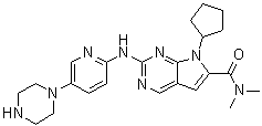 structure of CAS# 1211441-98-3, LEE 011;7-Cyclopentyl-N,N-dimethyl-2-[[5-(1-piperazinyl)-2-pyridinyl]amino]-7H-pyrrolo[2,3-d]pyrimidine-6-carboxamide