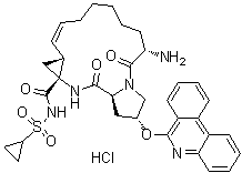 (2R,6S,12Z,13aS,14aR,16aS)-6-Amino-N-(cyclopropylsulfonyl)-1,2,3,6,7,8,9,10,11,13a,14,15,16,16a-tetradecahydro-5,16-dioxo-2-(6-phenanthridinyloxy)-cyclopropa[e]pyrrolo[1,2-a][1,4]diazacyclopentadecine-14a(5H)-carboxamide hydrochloride (1:1) molecular structure (CAS 1216941-74-0)