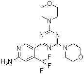 structure of CAS# 1225037-39-7, 5-(4,6-Di-4-morpholinyl-1,3,5-triazin-2-yl)-4-(trifluoromethyl)-2-pyridinamine