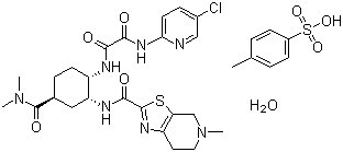 structure of CAS# 1229194-11-9, Edoxaban p-toluenesulfonate monohydrate;N-(5-Chloropyridin-2-yl)-N'-((1S,2R,4S)-4-[(dimethyl amino)carbonyl]-2-[[(5-methyl-4,5,6,7-tetrahydrothiazolo[5,4-c]pyridin-2-yl)carbonyl]amino]cyclohexyl)ethanediamide p-toluenesulfonate monohydrate