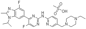 N-[5-[(4-Ethyl-1-piperazinyl)methyl]-2-pyridinyl]-5-fluoro-4-[4-fluoro-2-methyl-1-(1-methylethyl)-1H-benzimidazol-6-yl]-2-pyrimidinamine methanesulfonate (1:1) molecular structure (CAS 1231930-82-7)