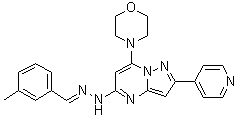 结构式 CAS# 1232221-74-7, N-(3-甲基苄亚基)-N'-[7-(吗啉-4-基)-2-(吡啶-4-基)吡唑并[1,5-a]嘧啶-5-基]肼