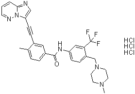 3-(2-Imidazo[1,2-b]pyridazin-3-ylethynyl)-4-methyl-N-[4-[(4-methyl-1-piperazinyl)methyl]-3-(trifluoromethyl)phenyl]benzamide hydrochloride (1:3) molecular structure (CAS 1232836-25-7)