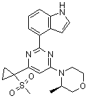 structure of CAS# 1233339-22-4, 4-[4-[(3R)-3-Methyl-4-morpholinyl]-6-[1-(methylsulfonyl)cyclopropyl]-2-pyrimidinyl]-1H-indole;AZ20
