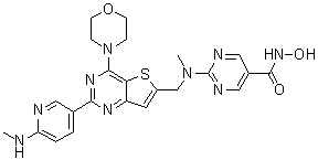 N-Hydroxy-2-[[[2-[6-(methylamino)pyridin-3-yl]-4-(morpholin-4-yl)thieno[3,2-d]pyrimidin-6-yl]methyl][methyl]amino]pyrimidine-5-carboxamide molecular structure (CAS 1235449-52-1)