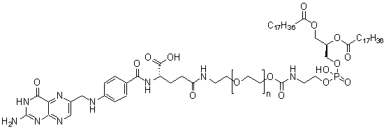 alpha-[(9R)-6-Hydroxy-6-oxido-1,12-dioxo-9-[(1-oxooctadecyl)oxy]-5,7,11-trioxa-2-aza-6-phosphanonacos-1-yl]-omega-[2-[[(4S)-4-[[4-[[(2-amino-alpha-[(9R)-6-Hydroxy-6-oxido-1,12-dioxo-9-[(1-oxooctadecyl)oxy]-5,7,11-trioxa-2-aza-6-phosphanonacos-1-yl]-omega-[2-[[(4S)-4-[[4-[[(2-amino-3,4-dihydro-4-oxo-6-pteridinyl)methyl]amino]benzoyl]amino]-4-carboxy-1-oxobutyl]amino]ethoxy]poly(oxy-1,2-ethanediyl) ammonium salt (1:2) molecular structure (CAS 1236288-25-7)