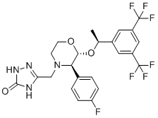 structure of CAS# 1242175-34-3, 5-(((2R,3R)-2-((S)-1-(3,5-Bis(trifluoromethyl)phenyl)ethoxy)-3-(4-fluorophenyl)morpholino)methyl)-1H-1,2,4-triazol-3(2H)-one;3-[[(2R,3R)-2-[(1S)-1-[3,5-bis(trifluoromethyl)phenyl]ethoxy]-3-(4-fluorophenyl)morpholin-4-yl]methyl]-1,4-dihydro-1,2,4-triazol-5-one