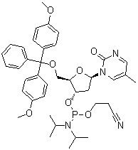 1-[5-O-[Bis(4-methoxyphenyl)phenylmethyl]-3-O-[[bis(1-methylethyl)amino](2-cyanoethoxy)phosphino]-2-deoxy-beta-D-erythro-pentofuranosyl]-5-methyl-2(1H)-pyrimidinone molecular structure (CAS 125258-62-0)
