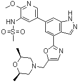 结构式 CAS# 1254036-66-2, rel-N-[5-[4-[5-[[(2R,6S)-2,6-二甲基-4-吗啉基]甲基]-2-恶唑基]-1H-吲唑-6-基]-2-甲氧基-3-吡啶基]甲烷磺酰胺